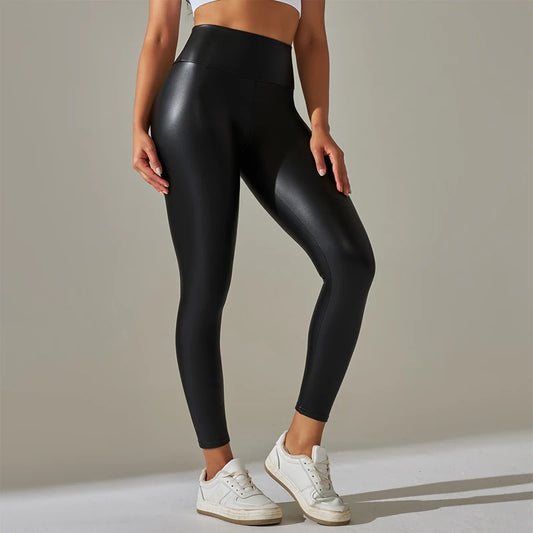 Trendige Damen-Leggings mit hohem Bund – Enge & sexy PU-Leder-Optik, Yoga-Leggings