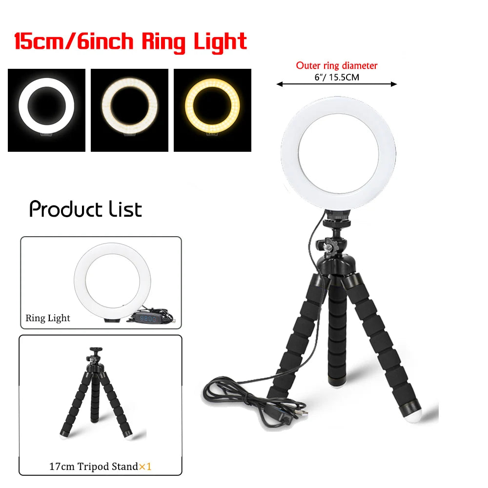 LED Selfie-Ringlicht 16 cm mit Smartphone-Halterung und Stativ | Perfekt für TikTok, YouTube & Videokonferenzen