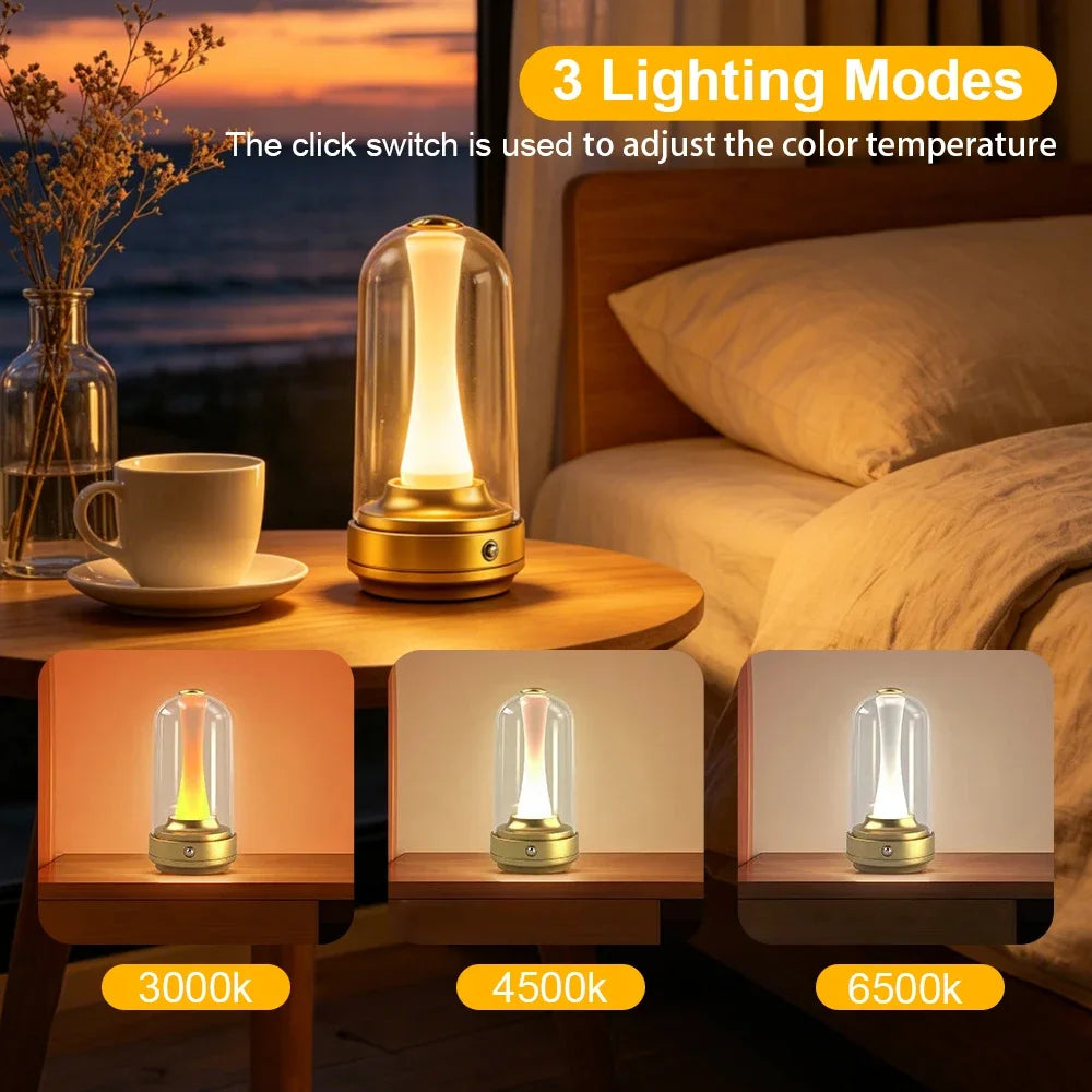 Wiederaufladbare LED-Nachtlampe, Dimmbar per Touch, Glas-Lampenschirm, Ambientelicht für Schlafzimmer & Wohnzimmer