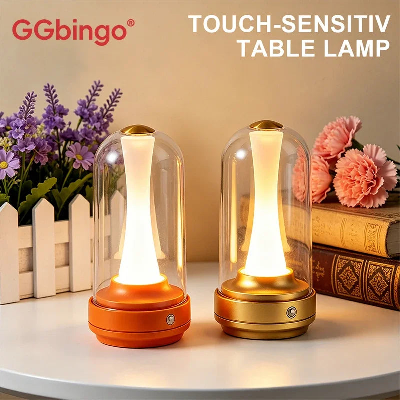 Wiederaufladbare LED-Nachtlampe, Dimmbar per Touch, Glas-Lampenschirm, Ambientelicht für Schlafzimmer & Wohnzimmer