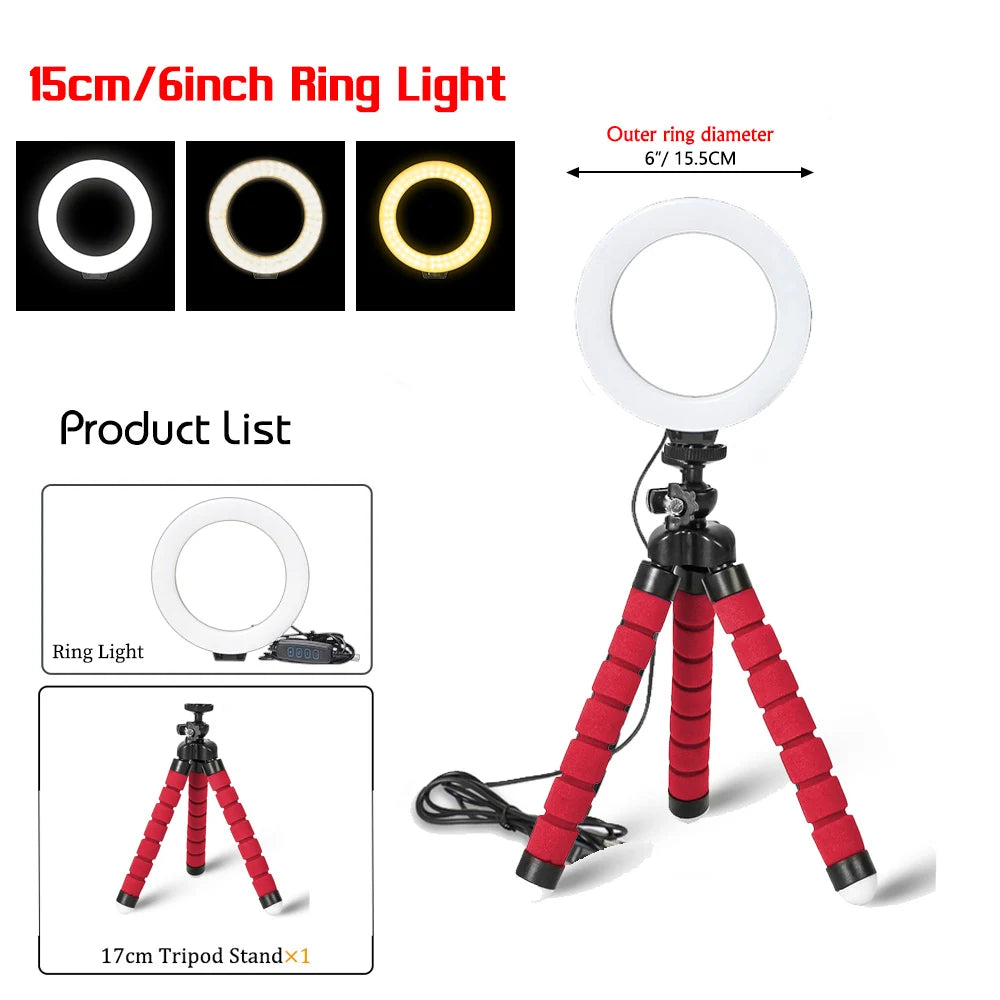 LED Selfie-Ringlicht 16 cm mit Smartphone-Halterung und Stativ | Perfekt für TikTok, YouTube & Videokonferenzen