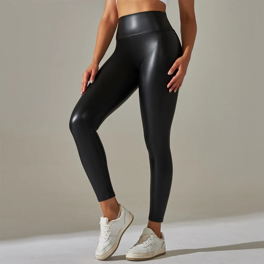 Trendige  Damen-Leggings mit hohem Bund – Enge & sexy PU-Leder-Optik, Yoga-Leggings