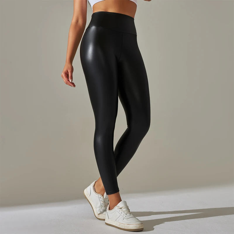 Trendige  Damen-Leggings mit hohem Bund – Enge & sexy PU-Leder-Optik, Yoga-Leggings